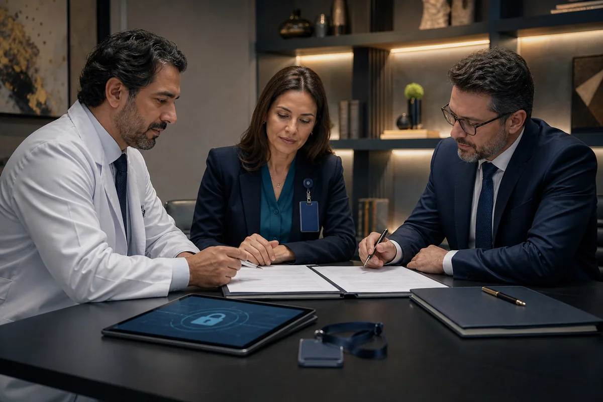 Médico e gestor revisando contrato profissional e responsabilidades