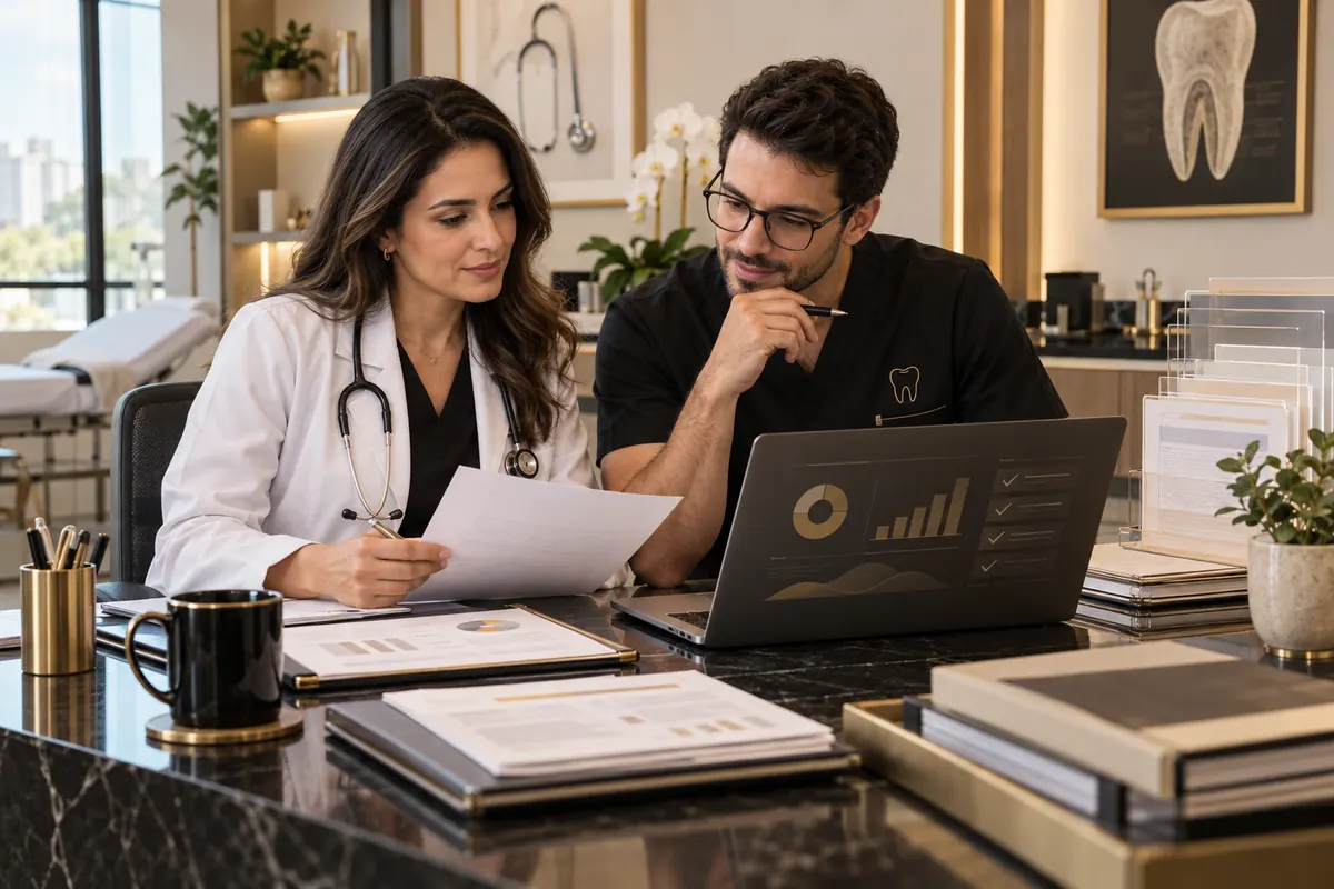 Médica e dentista conferem documentos e dados financeiros para prevenir divergências fiscais na saúde