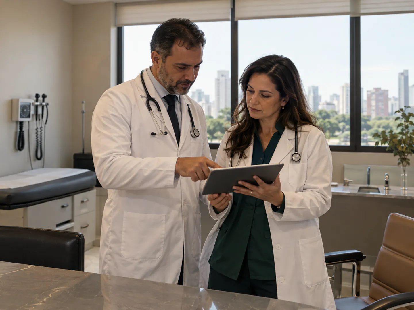 Médico e médica analisam indicadores de uma clínica em São Paulo